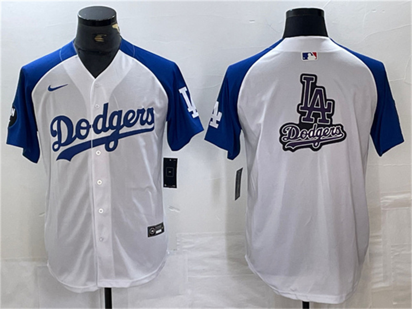 Men's White/Blue Los Angeles Dodgers Team Big Logo Vin Patch Cool Base Stitched Baseball Jersey